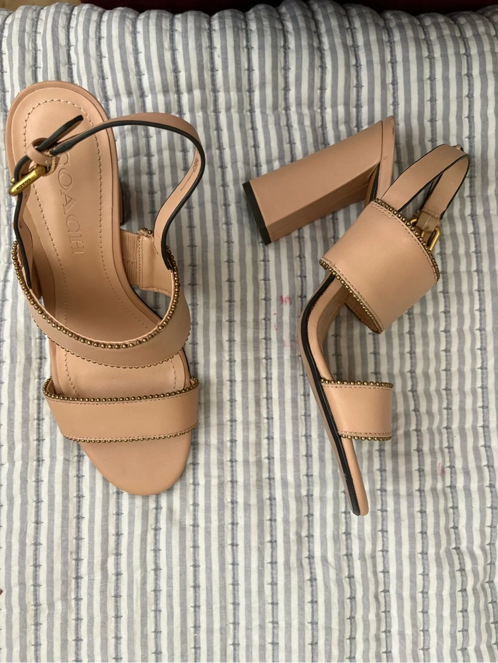 Coach Blush Tan Leather Beaded-Strap Sandals